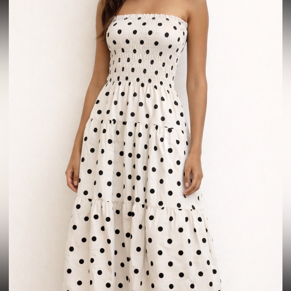 En Sasion Cream Black Polka Dot Maxi Dress Strapless* 100% Cotton Size 6/8